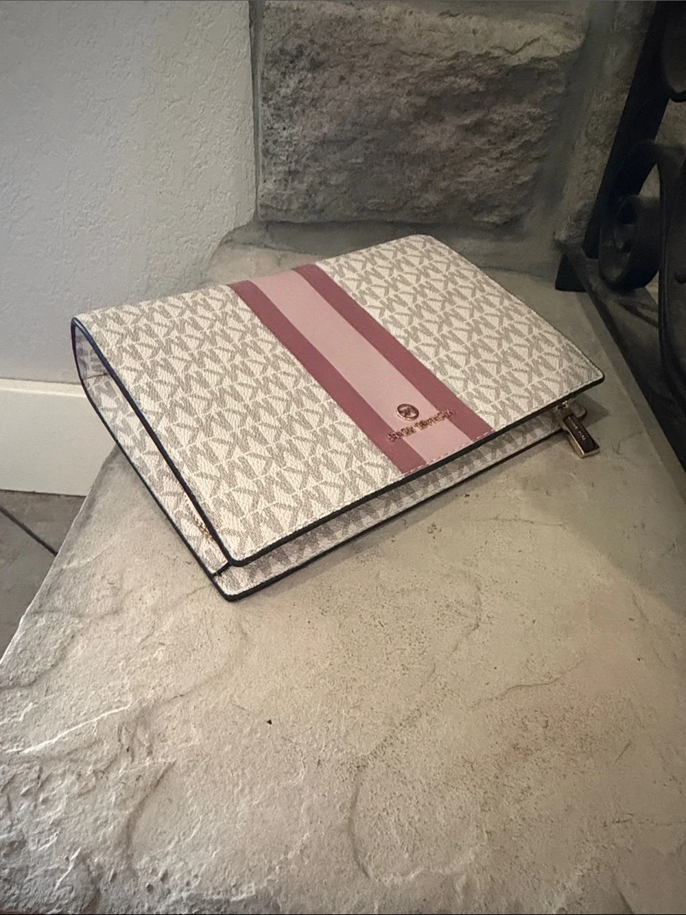 Michael Kors White Signature Logo Wristlet with Pink Stripe